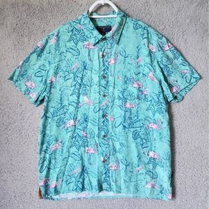 Margaritaville Button Down Shirt Mens Size‎ S Teal Pink Flamingo Tropical Rayon